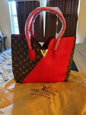 Fashion Nova Red and Brown Monogram Contrast Tote